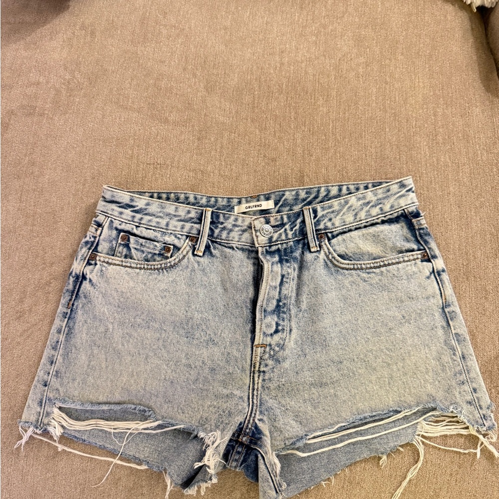 GRLFRND Light Blue Distressed Jean Shorts